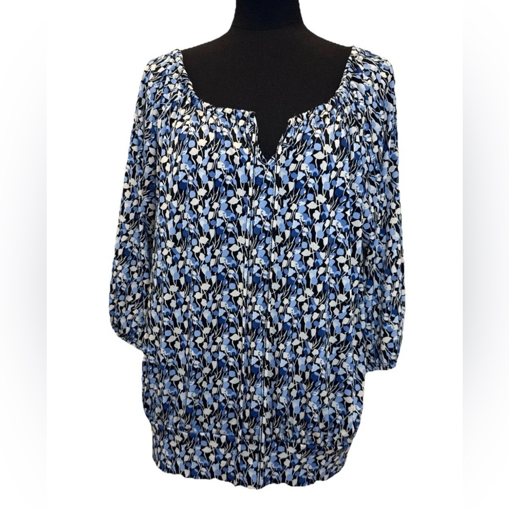 Van Heusen Women's Blue/White Floral Blouse, 3/4  Sleeve, Tie Keyhole Front, XL